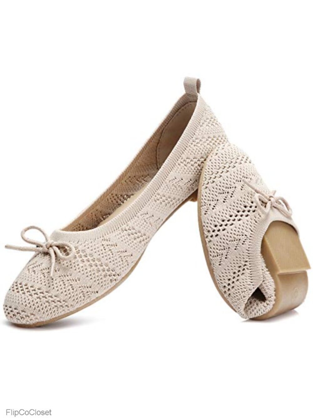 Crochet Lace Mesh Ballet Flats Bowknot Slip On Shoes Breathable Comfort Walking